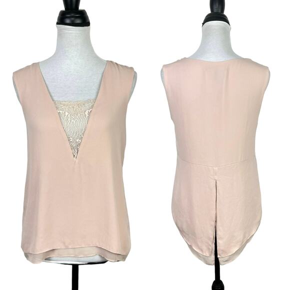 BCBGMaxazria Mishelle Blush Pink Lace V-neck Split Back Sleeveless Blouse Tank - Picture 3 of 11